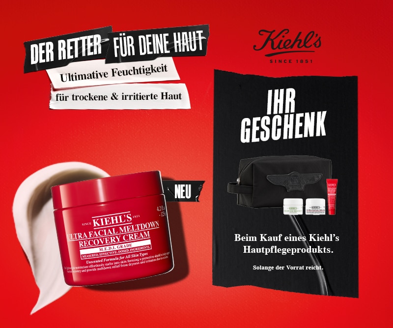 de_banner-800x667_kiehls_gold_01-03_new.jpg Kiehl’s Ultra Facial Meltdown Recovery Cream vor rotem Hintergrund mit Geschenkset‑Hinweis.