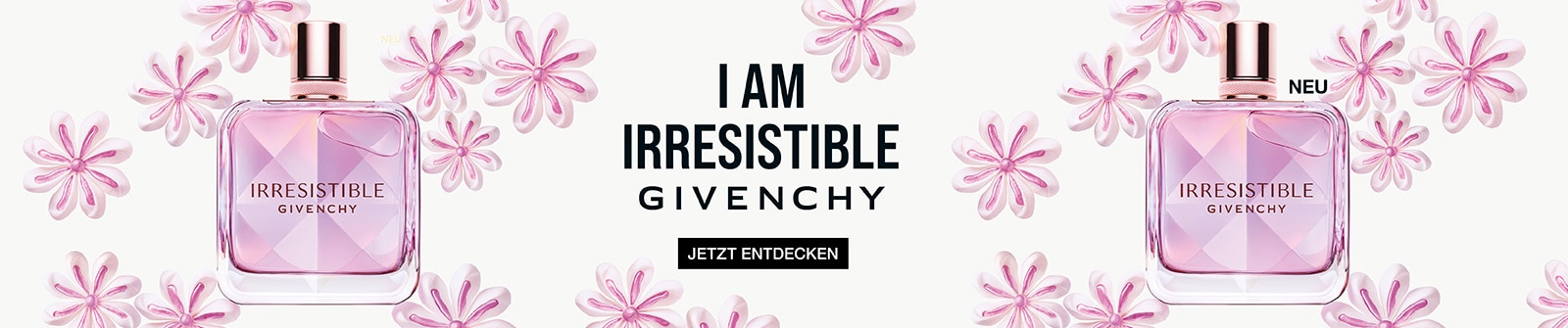 Givenchy Irresistible Eau de Parfum Nectar in einem rosafarbenen Flakon, umgeben von dekorativen rosa Blüten auf hellem Hintergrund.