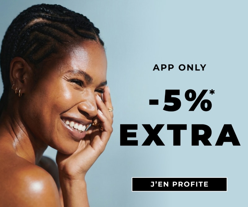  Bannière promo App Only avec 5 % extra de réduction et bouton J’en profite sur fond bleu.