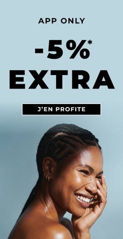  Bannière promo App Only avec 5 % extra de réduction et bouton J’en profite sur fond bleu.
