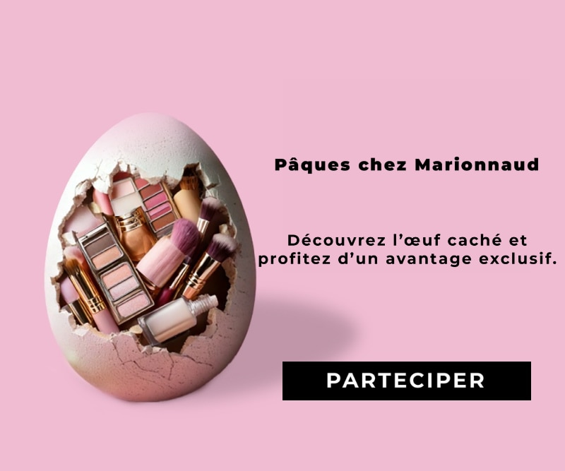 2026-WK13-DOT-Easter-HP-Banner-FR.png Pâques chez Marionnaud : œuf de Pâques ouvert rempli de produits cosmétiques sur fond rose, avec le texte « Découvrez l’œuf caché et profitez d’un avantage exclusif » et le bouton « Participer ».