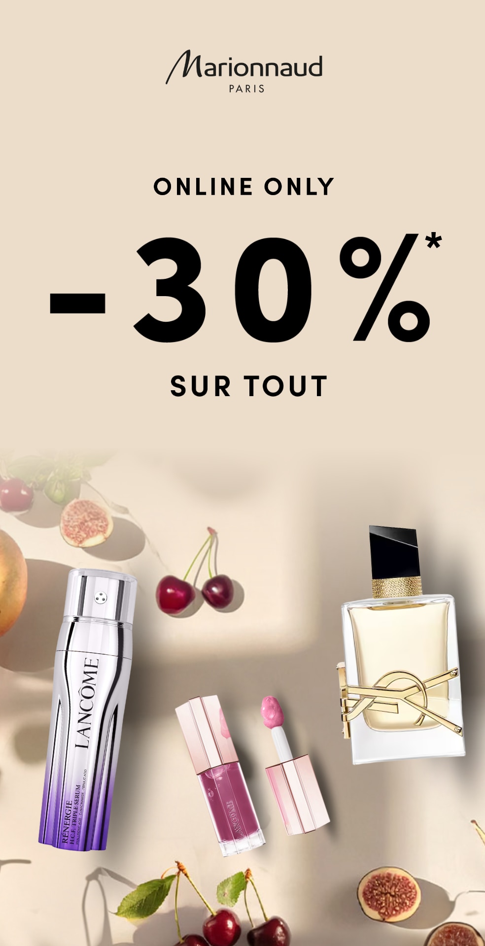 Promotion Marionnaud Paris : -30% sur tous les produits en ligne, incluant sérum Lancôme, rouge à lèvres et parfum de luxe