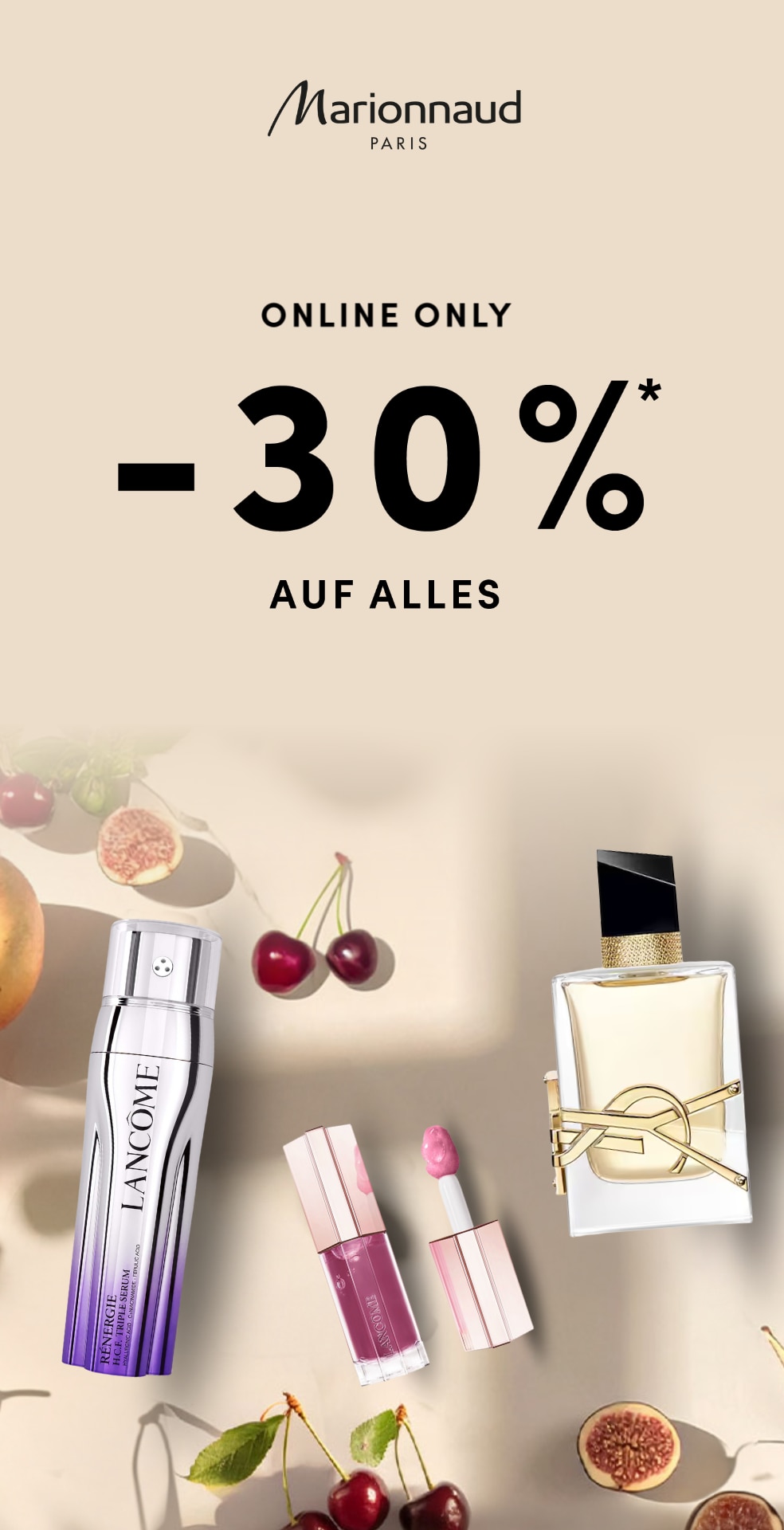 Marionnaud Paris Aktion: 30 % Rabatt auf alle Online-Produkte, inklusive Lancôme Serum, Lippenstift und Luxusparfüm