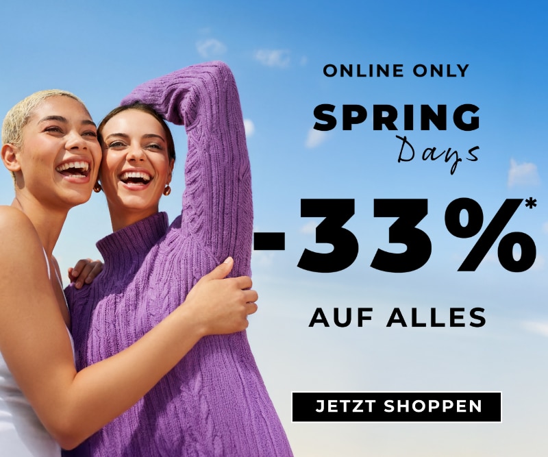 WK1326-2303-2603-SpringDays-DE-800x667.png Online‑only Spring Days Aktion mit ‑33 % Rabatt uf alles, mit Shopping‑Button und Frühlingsmotiv vor blauem Himmel