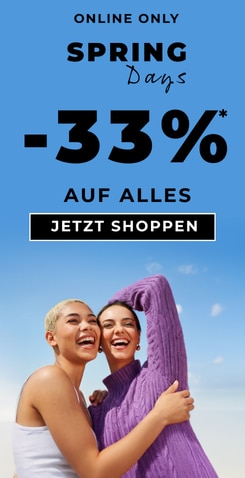 Online‑only Spring Days Aktion mit ‑33 % Rabatt uf alles, mit Shopping‑Button und Frühlingsmotiv vor blauem Himmel