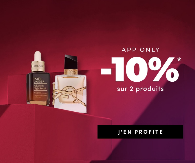 "App only -10% sur 2 produits, fond rouge avec deux flacons de beauté et bouton J’en profite.