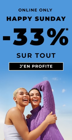  Bannière promotionnelle Happy Sunday avec réduction de –33 % sur tout et appel à l’action J’en profite.