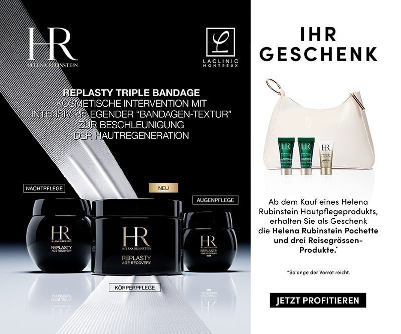 Helena Rubinstein Replasty Age Recovery Nacht-, Körper- und Augenpflege in schwarzen Tiegeln, weiße Tasche und drei Reisegrößen gratis.