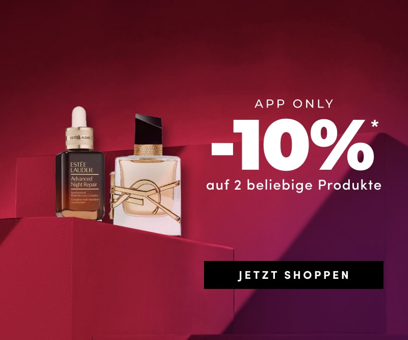 -10% auf 2 beliebige Produkte, App only, roter Hintergrund mit zwei Kosmetikflaschen und Schaltfläche Jetzt shoppen.