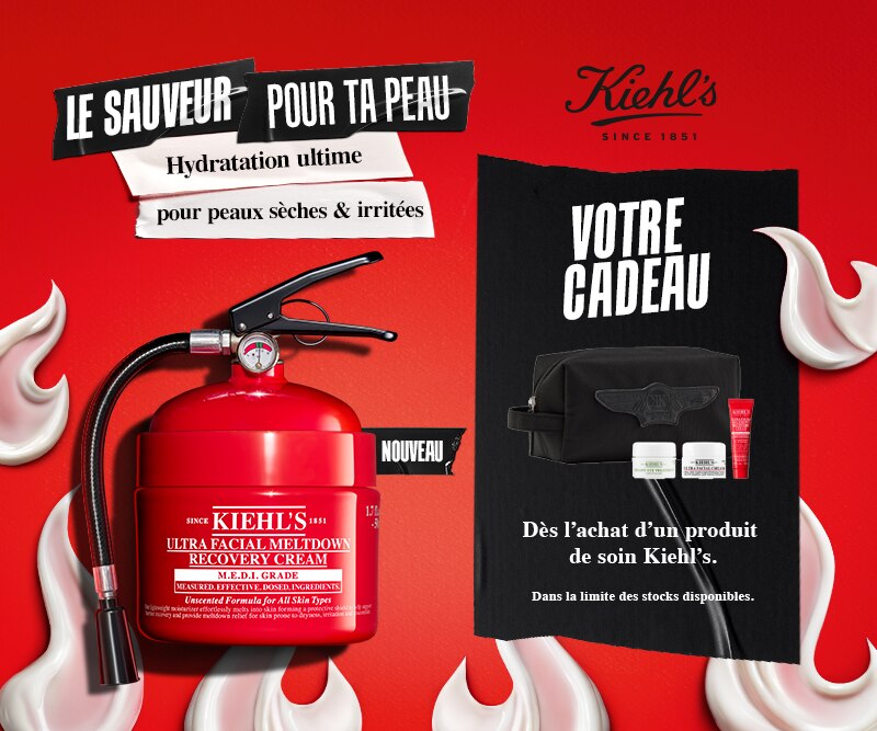 Kiehl’s Ultra Facial Meltdown Recovery Cream en rouge, cadeau : trousse noire avec trois soins.