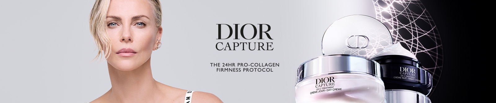 Soin Dior Capture Pro‑Collagène avec textures crème et gel dans un élégant flacon argenté. 