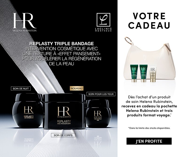 Helena Rubinstein Replasty Age Recovery soins nuit, corps et yeux en pots noirs, pochette blanche et trois mini soins offerts.