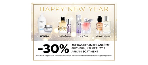 Bonne année : -30 % sur l’assortiment Lancôme, Biotherm, YSL Beauté et Armani, soins et parfums.
