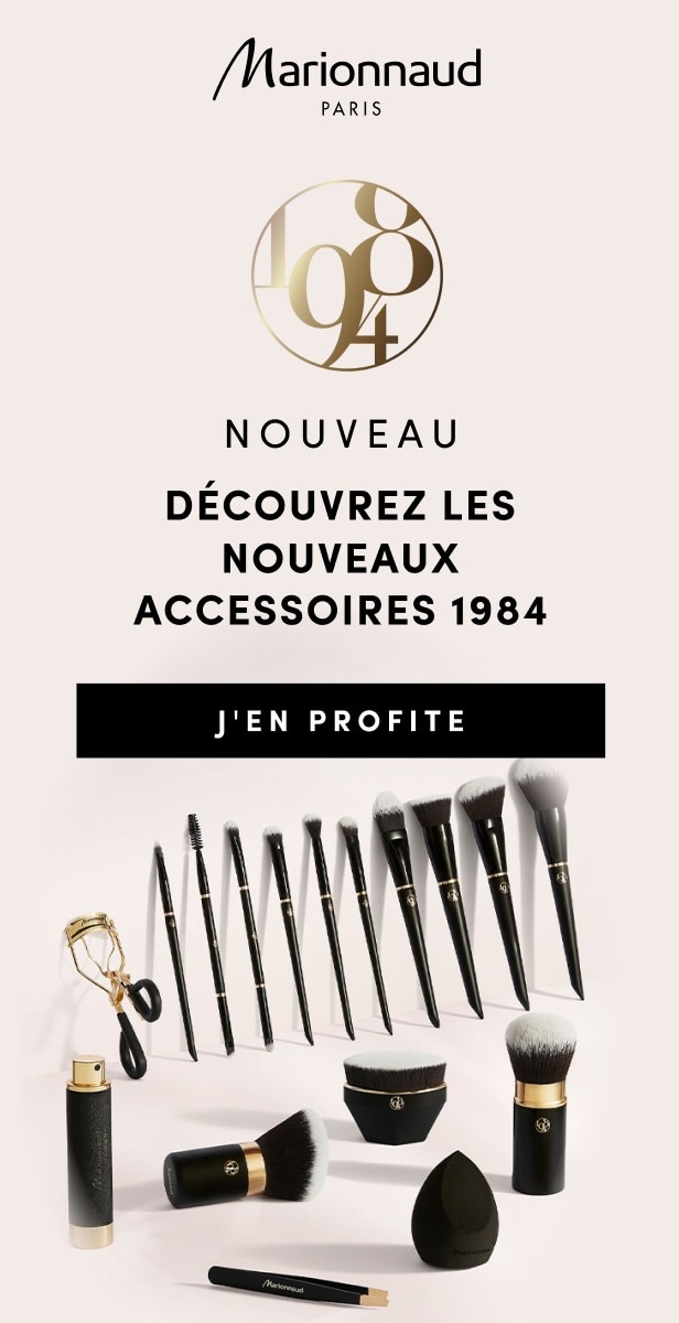 Nouveaux accessoires Marionnaud Paris 1984 : pinceaux visage et yeux, recourbe-cils, éponge maquillage, taille-crayon – élégance et précision beauté